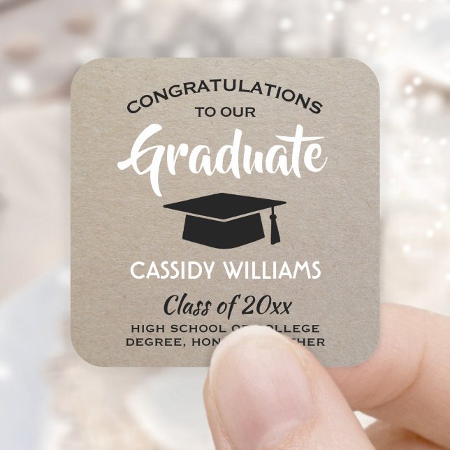 Congratulations Kraft and Black White Graduation Square Sticker (Creator Uploaded)