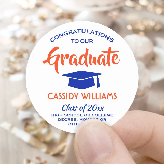 Congratulations Modern Orange and Blue Graduation Classic Round Sticker (Creator Uploaded)