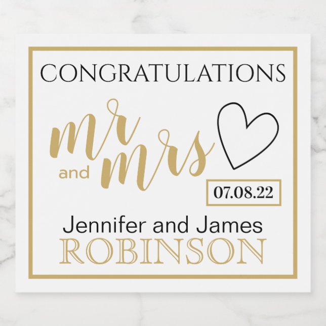 Congratulations Mr Mrs Custom Name Gold Wedding Sparkling Wine Label (Single Label)