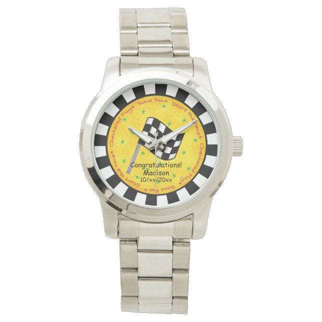 Congratulations Name Personalise Chequered Flag Watch (Front)