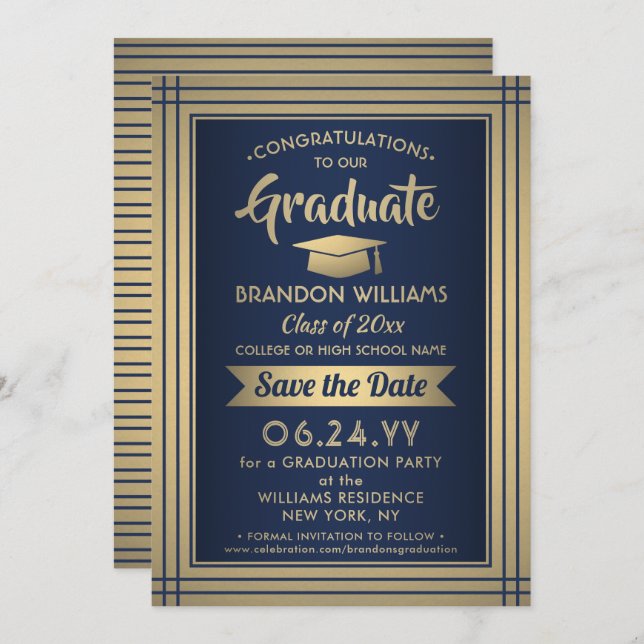 Congratulations Navy and Gold Stripes Graduation Save The Date (Front/Back)