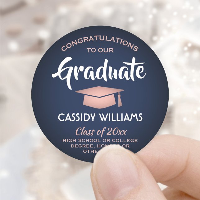 Congratulations Navy and Pink Rose Gold Graduation Classic Round Sticker (Creator Uploaded)