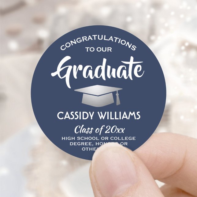 Congratulations Navy Blue and White Graduation Classic Round Sticker (Creator Uploaded)