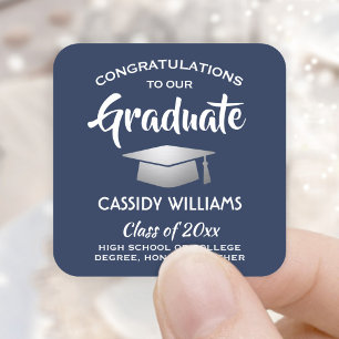 Congratulations Navy Blue White Silver Graduation Square Sticker