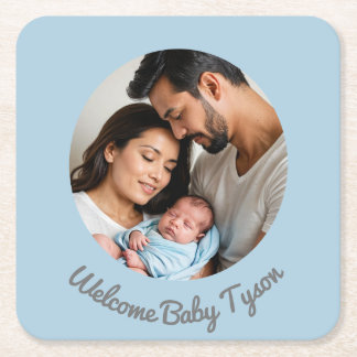 "Congratulations New Baby Boy" Blue Welcome Square Paper Coaster