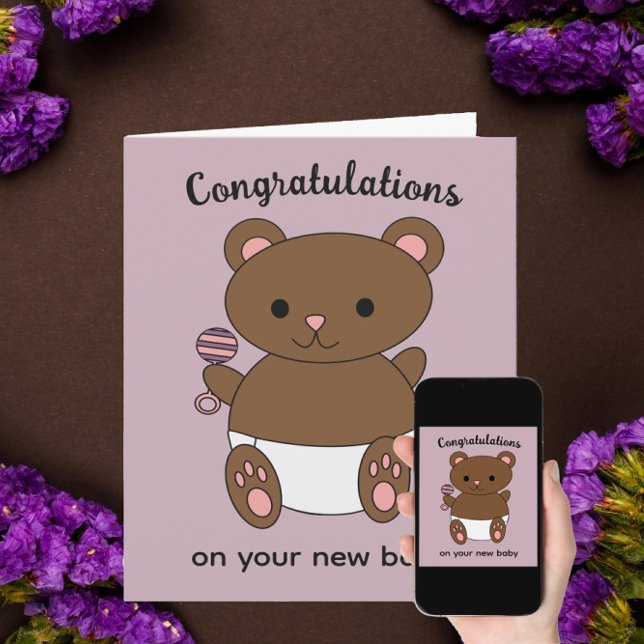 Congratulations New Baby Girl Bear Personalize Card (Creator Uploaded)
