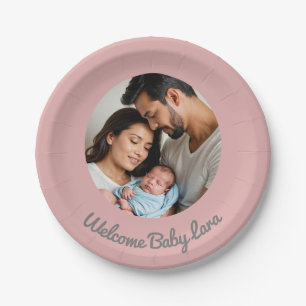 Congratulations new baby girl pink, welcome baby paper plate