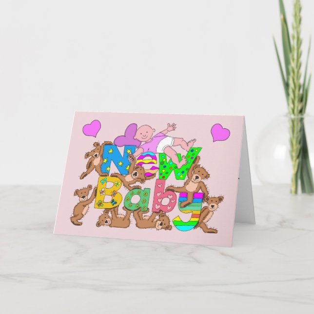 Congratulations New Baby Girl With Teddy Bears Car Card (Front)