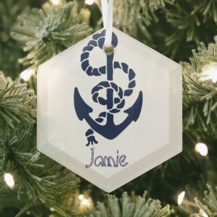 Congratulations!  New Boat Nautical Navy Anchor Glass Tree Decoration