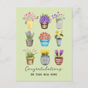 Congratulations New Home Cute Potted Flower Plants Postcard
