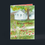 Congratulations New Home Sweet Home Red Poppies Card<br><div class="desc">Congratulations greetings for someone who just bought a new home featuring a white cottage style house in a country setting with pretty wildflowers growing along a white fence.  The inside has a coordinating shade of red and text that you can edit to fit your needs.</div>
