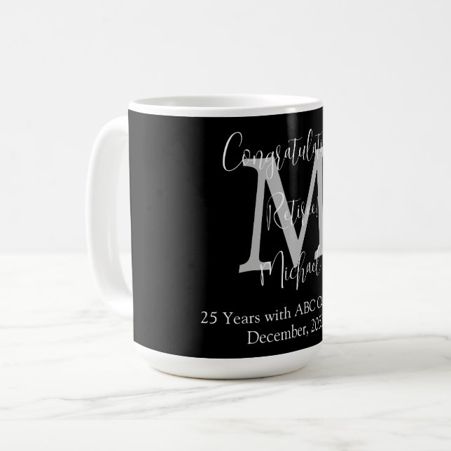 Congratulations on Retirement, Monogram Name Black Coffee Mug (Front Left)