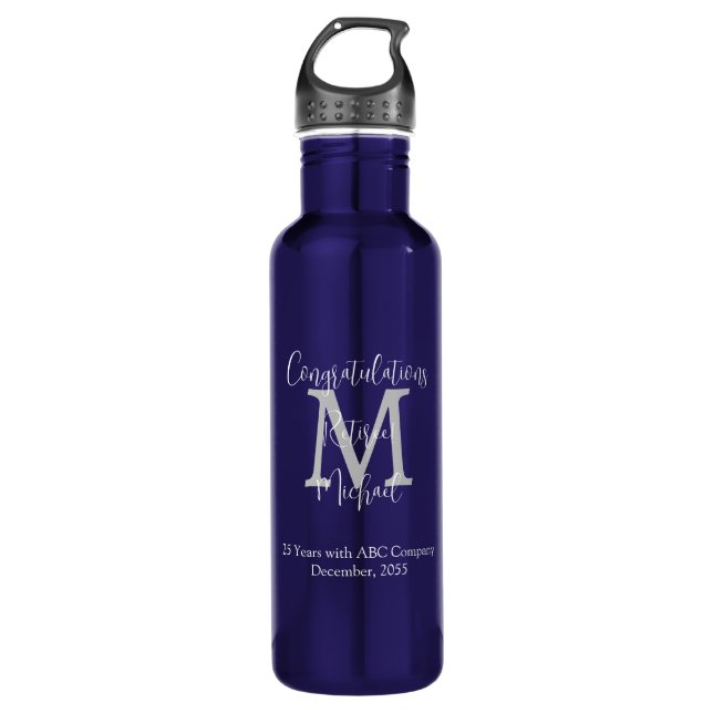 Congratulations on Retirement Monogram Name Blue  710 Ml Water Bottle (Front)