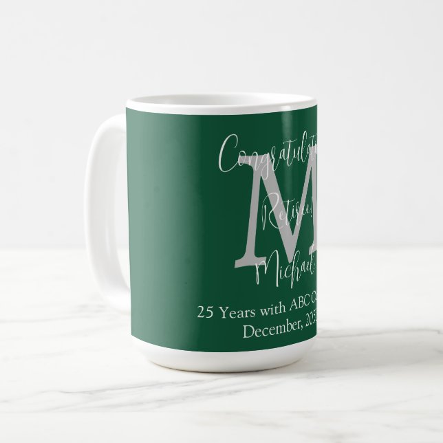 Congratulations on Retirement, Monogram Name Green Coffee Mug (Front Left)