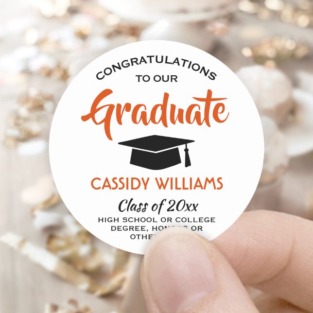 Congratulations Orange Black and White Graduation Classic Round Sticker (Creator Uploaded)