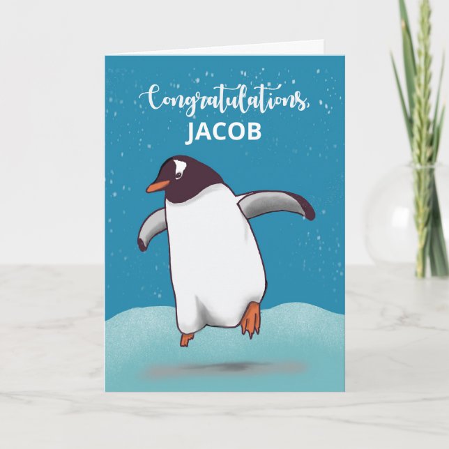 Congratulations Penguin Jumping For Joy Card (Front)