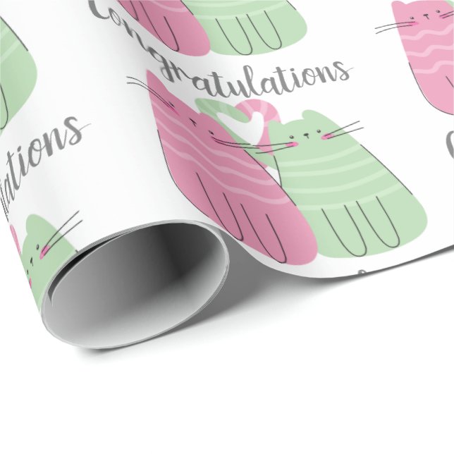 Congratulations Pink and Green Wedding Cats Wrapping Paper (Roll Corner)