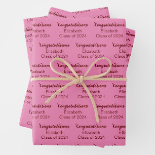 Congratulations Pink Dark Red Class of 2024 Name Wrapping Paper Sheet