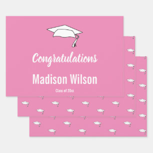 Congratulations Pink & White Grad Name Graduation Wrapping Paper Sheet