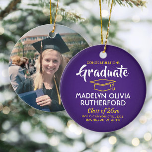Congratulations Purple and Gold Graduation Photo Ceramic Tree Decoration