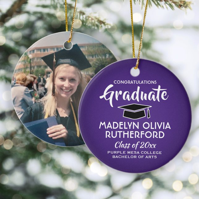 Congratulations Purple and White Graduation Photo Ceramic Tree Decoration (Creator Uploaded)