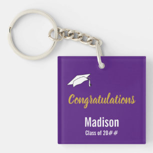 Congratulations Purple White and Gold Grad's Name Key Ring