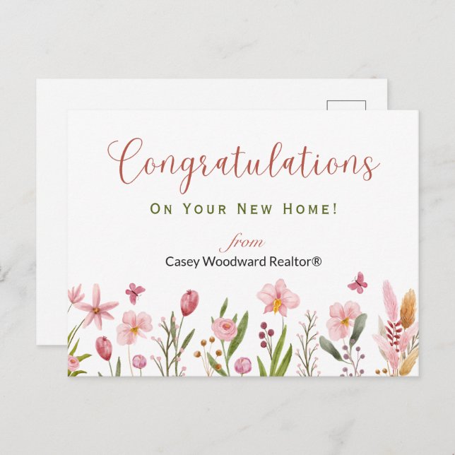 Congratulations Realtor Personalised Pink Flowers Postcard (Front/Back)