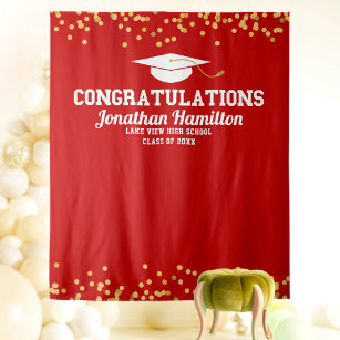 Congratulations Red Gold Grad Party Backdrop Tapestry
