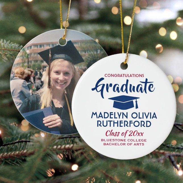 Congratulations Red White & Blue Graduation Photo Ceramic Tree Decoration (Creator Uploaded)
