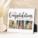 Congratulations Rose Gold 3 Photo Grad Plaque<br><div class="desc">A beautiful graduation plaque featuring a sweeping Congratulations headline in script with a rose gold graduation cap accent, the graduate's name, class year, and three senior photos on a clean white background. A feminine, polished tabletop keepsake perfect for displaying at a graduation party or gifting to your graduate and their...</div>
