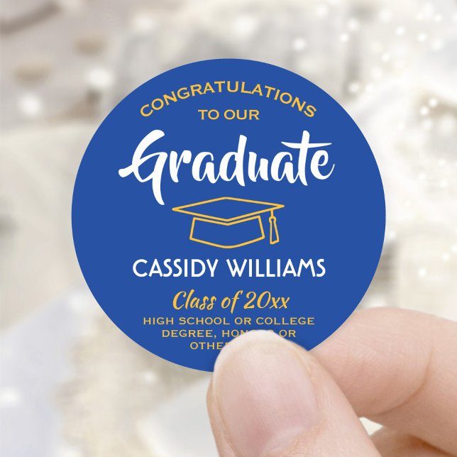 Congratulations Royal Blue and Gold Graduation Classic Round Sticker (Creator Uploaded)