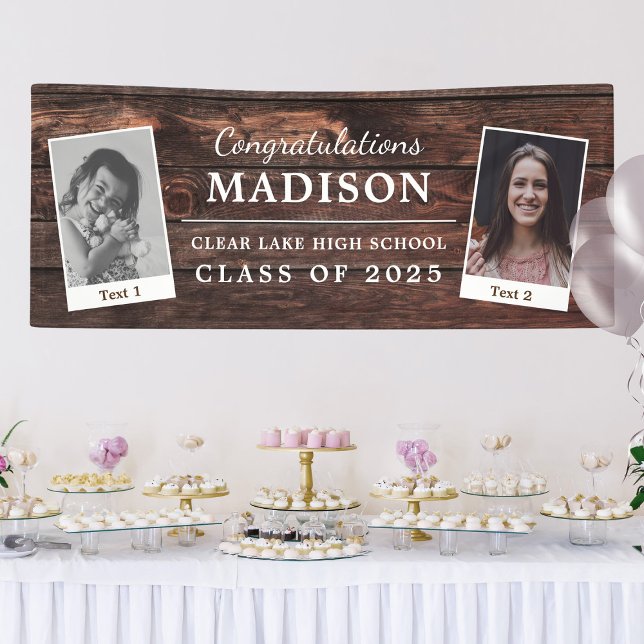 Congratulations Rustic Wood Graduation 2 - Photo Banner (Congratulations banner for grad with custom text with childhood photo and recent photo on either sid)