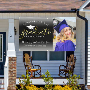 Congratulations Script Black Gold Photo Graduation Banner