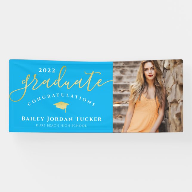 Congratulations Script Blue Gold Photo Graduation Banner (Horizontal)