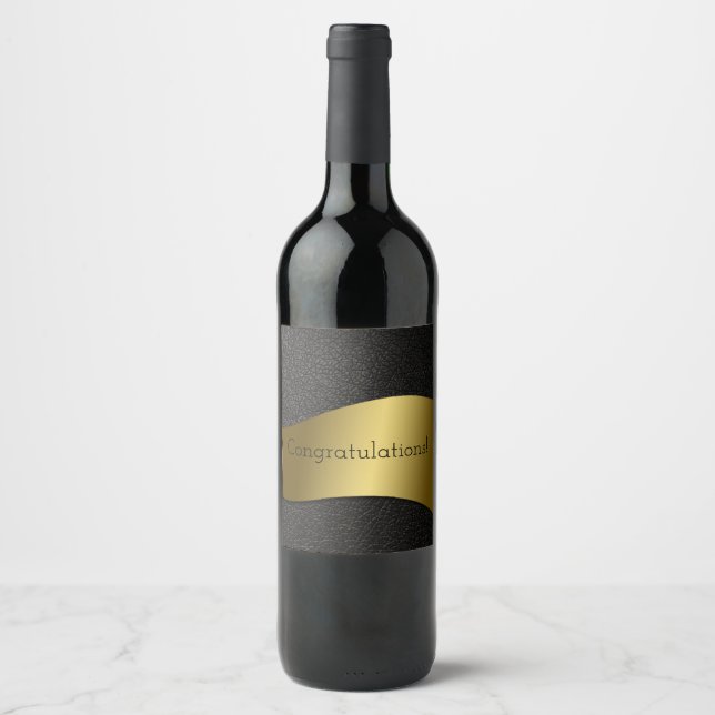 Congratulations! Sleek Gold Band on Black Leather Wine Label (Front)