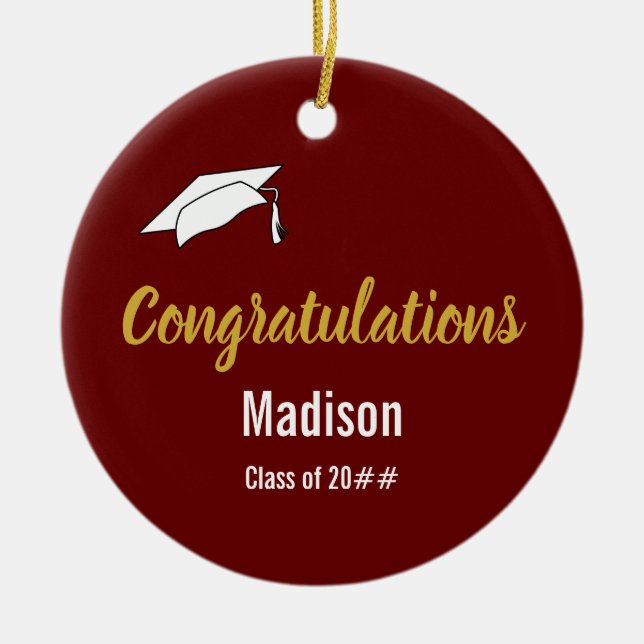 Congratulations to Graduate Name on Dark Red Ceramic Tree Decoration (Front)