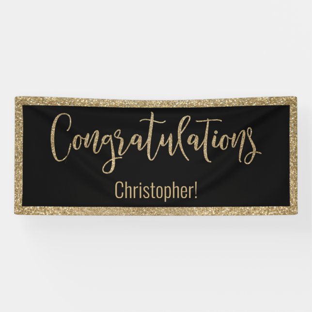 Congratulations Typography Gold Glitter and Black Banner (Horizontal)