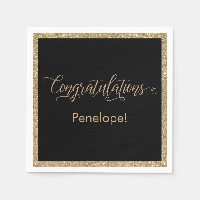 Congratulations Typography Gold Glitter and Black Napkin (Front)