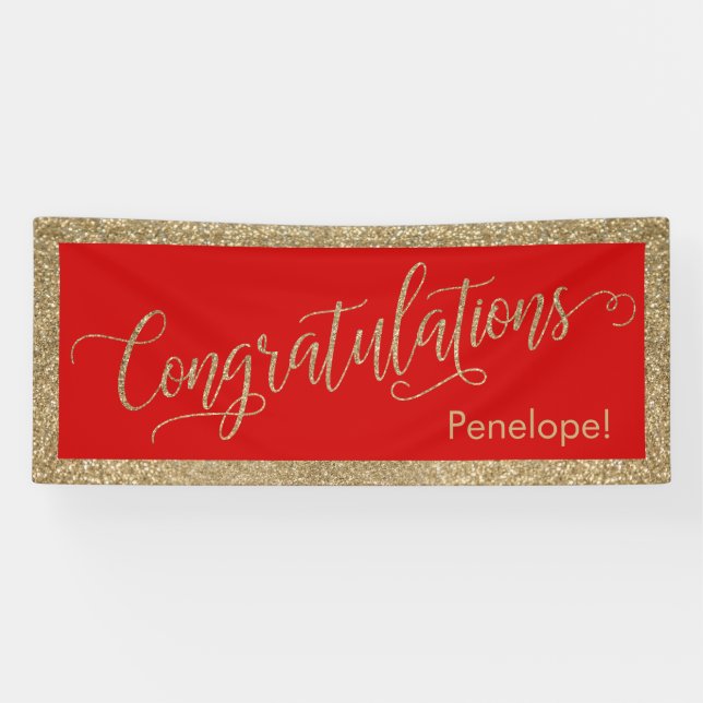 Congratulations Typography Gold Glitter and Red Banner (Horizontal)