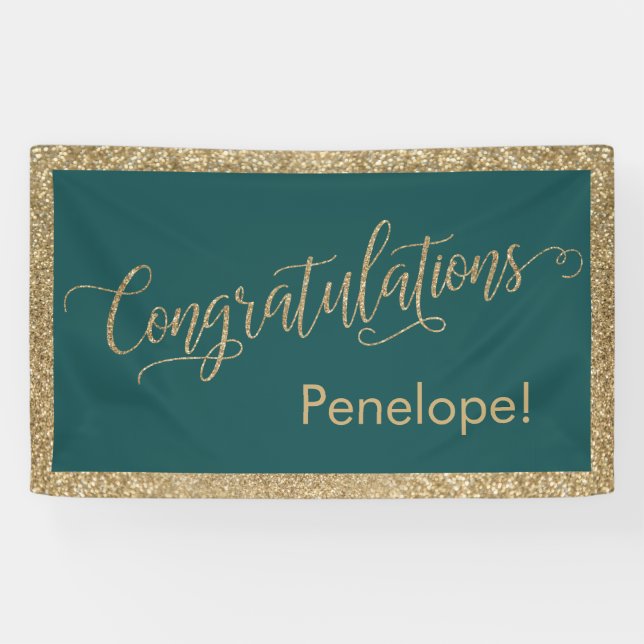 Congratulations Typography Gold Glitter and Teal Banner (Horizontal)