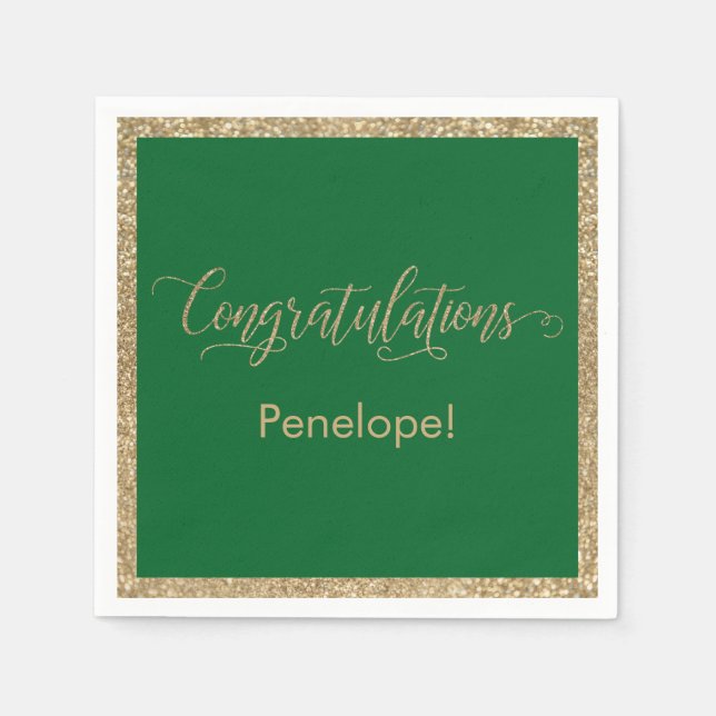 Congratulations Typography Gold Glitter Green Napkin (Front)