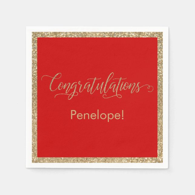 Congratulations Typography Gold Glitter on Red Napkin (Front)
