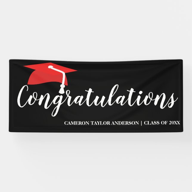 Congratulations with Black Grad Cap Graduation Ban Banner (Horizontal)
