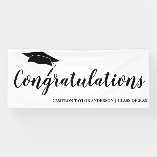 Congratulations with Black Grad Cap Graduation Banner (Horizontal)
