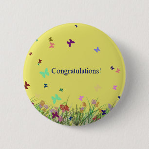 Congratulations yellow butterfly background 6 cm round badge