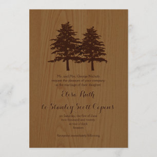 Conifer trees on wood brown woodland wedding invitation