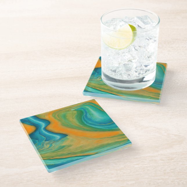 “Conil”. A Colourful Abstract Blend Glass Coaster (Angled)