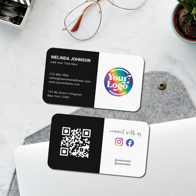 Connect Black White QR Code Logo Social Media  Business Card (Creator Uploaded)