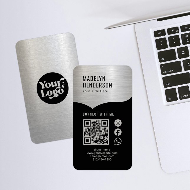 Connect Metallic Silver Black QR Code Social Media Business Card (Creator Uploaded)