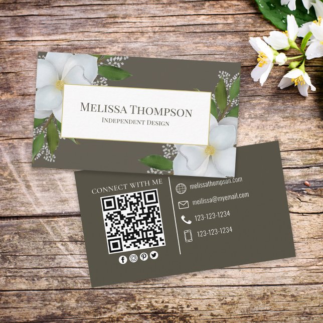 Connect With Me | QR Code Floral Foliage Magnolia Business Card (Creator Uploaded)